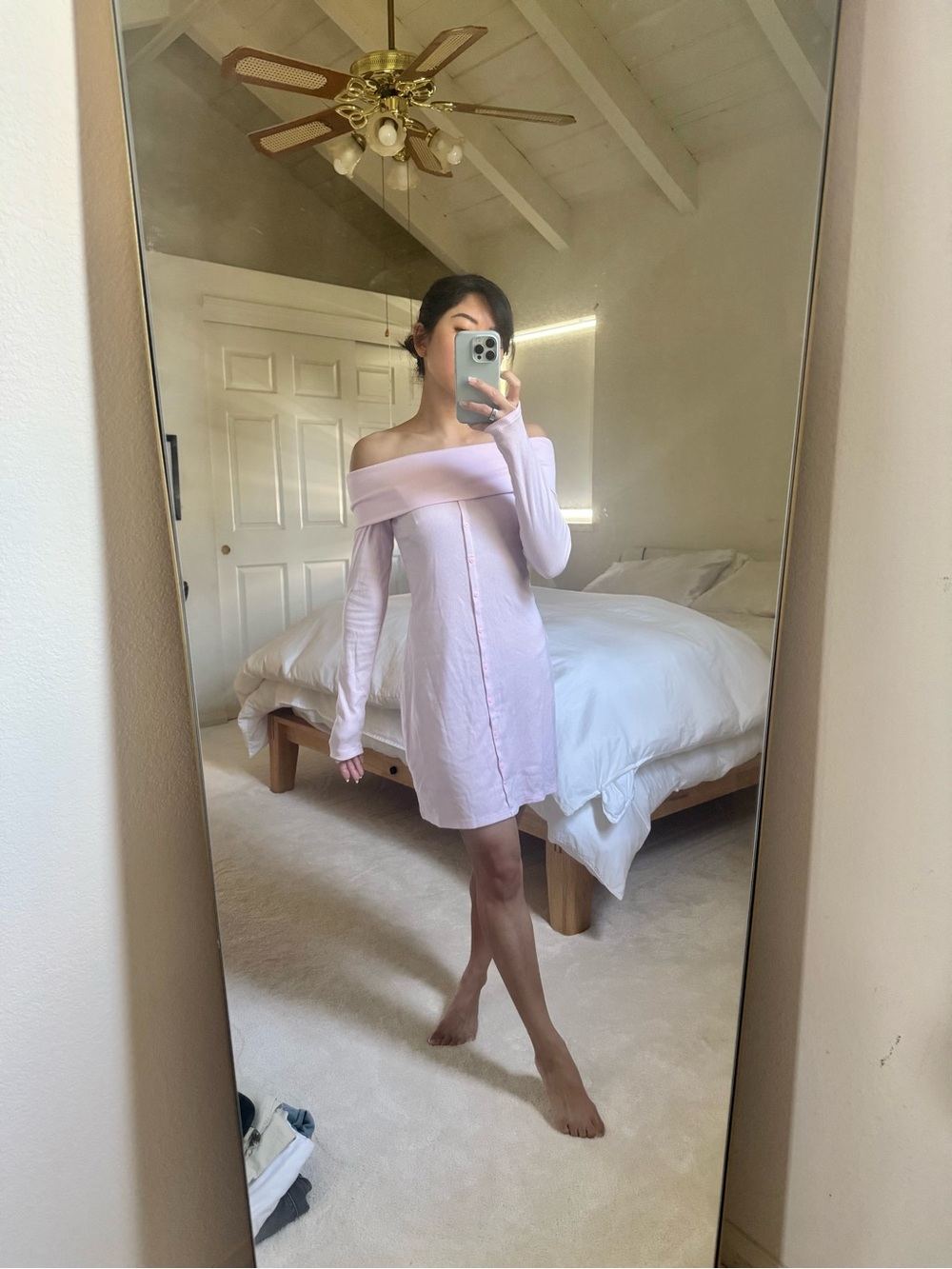Wild Fable Light Pink Off-Shoulder Long Sleeve Dress